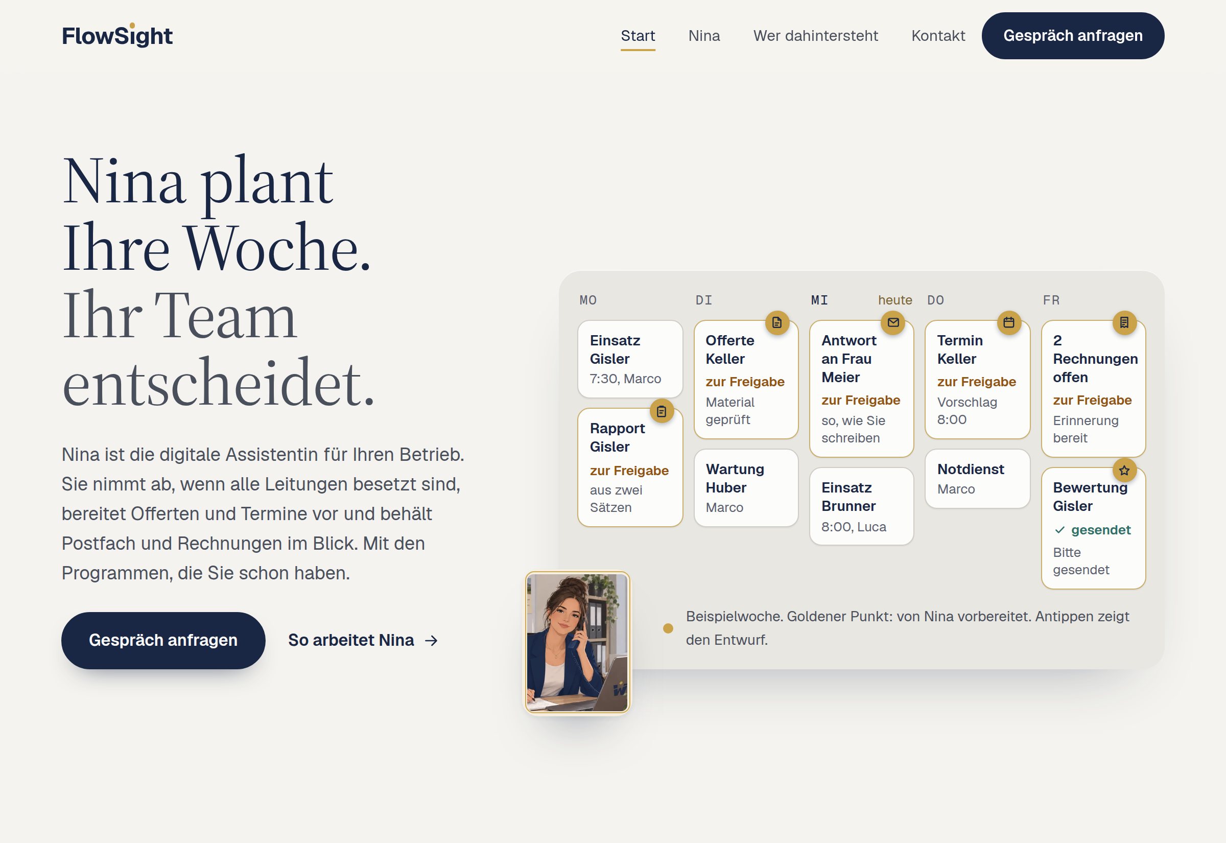 Startseite von flowsight.ch: Nina plant die Woche eines Handwerksbetriebs